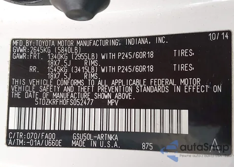 2015 Toyota Highlander Le Plus V6 from USA, damaged, VIN 5TDZKRFH0FS052477